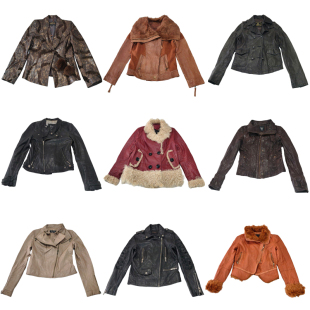 古着皮衣vintage斜拉机车修身 y2k毛领绵羊皮 真皮夹克外套女士长袖