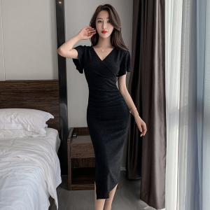 RM18669#新款时尚连衣裙亮丝侧开叉修身包臀显瘦V领短袖长裙