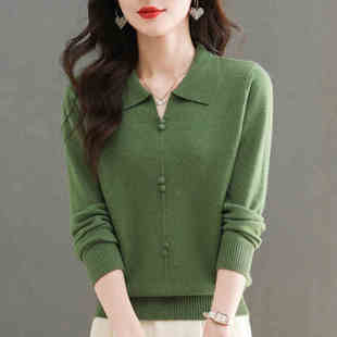 春秋季毛衣女Polo翻领妈妈装套头针织上衣宽松短款内搭时尚打底衫