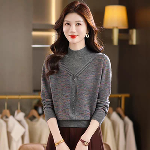 秋冬新款半高领羊毛衫女宽松洋气花线加厚百搭针织打底衫羊绒毛衣