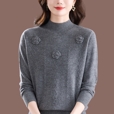 半高领立体花加厚羊毛打底衫女