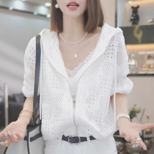 白色镂空连帽针织衫上衣女2026夏季新款韩系慵懒风防晒罩衫外套潮