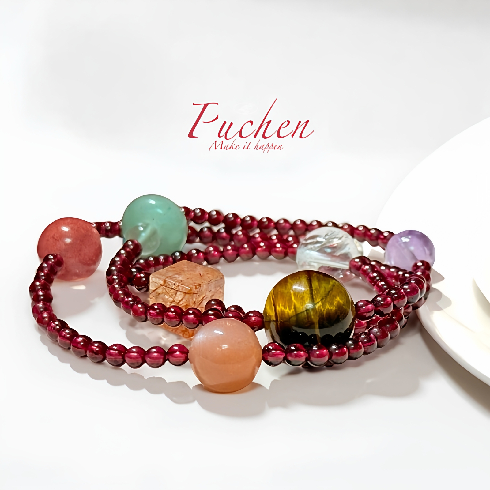 「万象三重奏」全面改善/天然8A石榴石手串三圈/虎眼紫水月光石