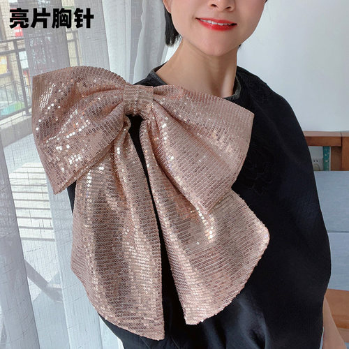 香槟金亮片大蝴蝶结胸针