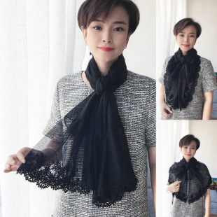 黑色丝巾秋冬款洋气时尚刺绣真丝围巾2025新款女百搭桑蚕丝长款