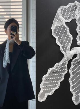 蕾丝丝巾女2026新款系脖长条颈饰腰带发带丝巾白色韩系小波点飘带