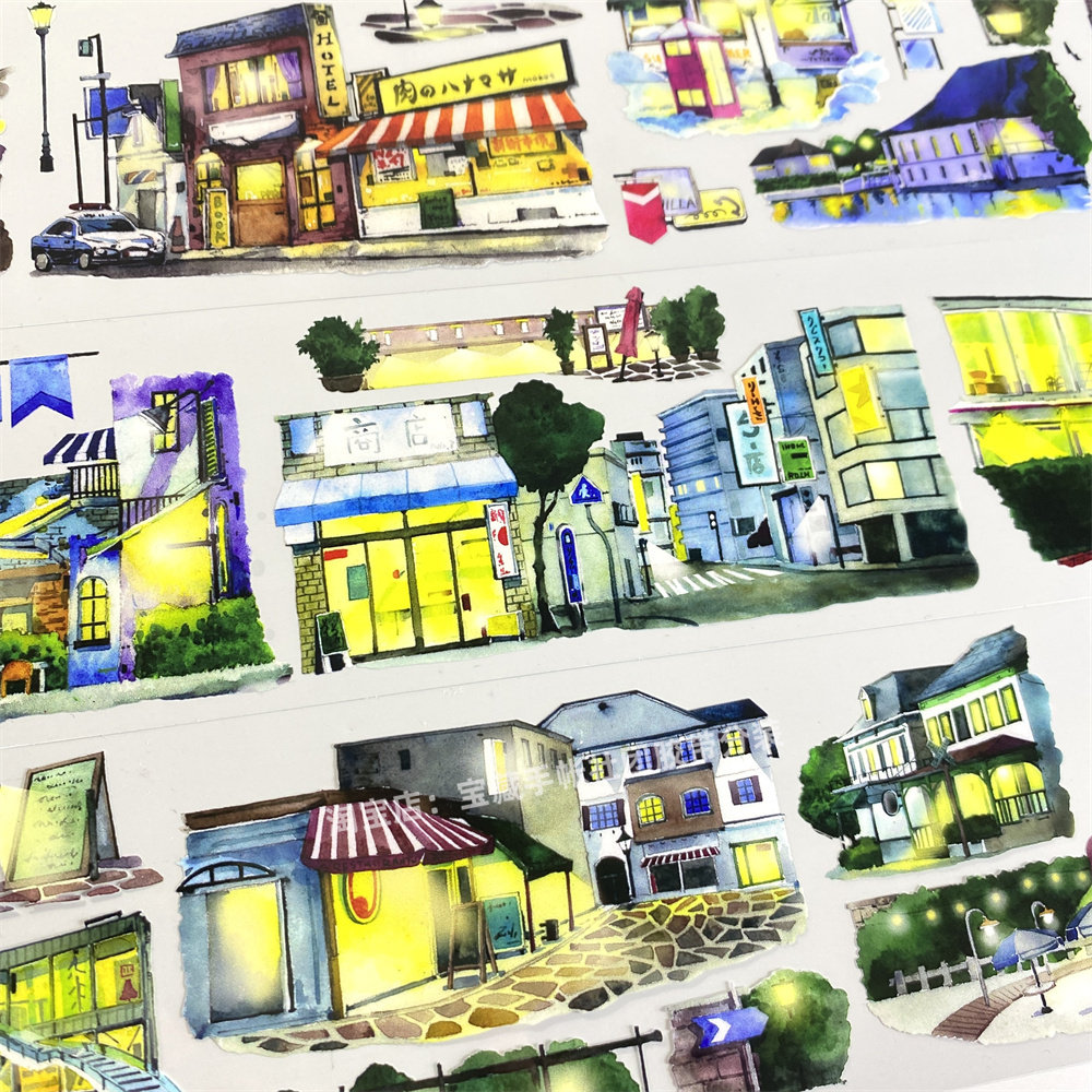 手帐分装胶带w44华灯初上景物志小镇街造景古风PET素材账流麻贴纸