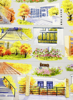 手帐分装胶带a152秋日校园景物志楼梯教学楼古风PET素材账diy贴纸