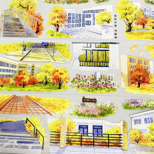 手帐分装胶带a152秋日校园景物志楼梯教学楼古风PET素材账diy贴纸