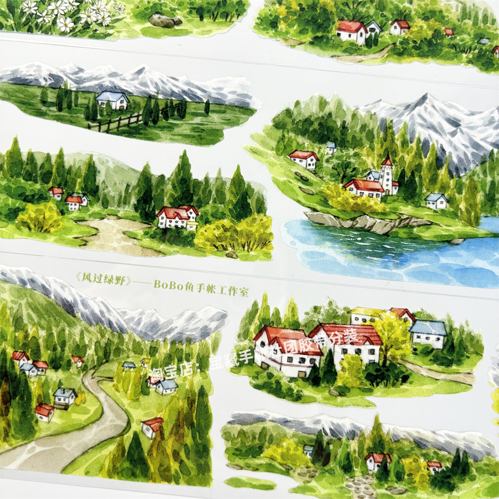手帐分装胶带a983风过绿野BoBo鱼乡村古风PET素材账流麻贴纸咕卡