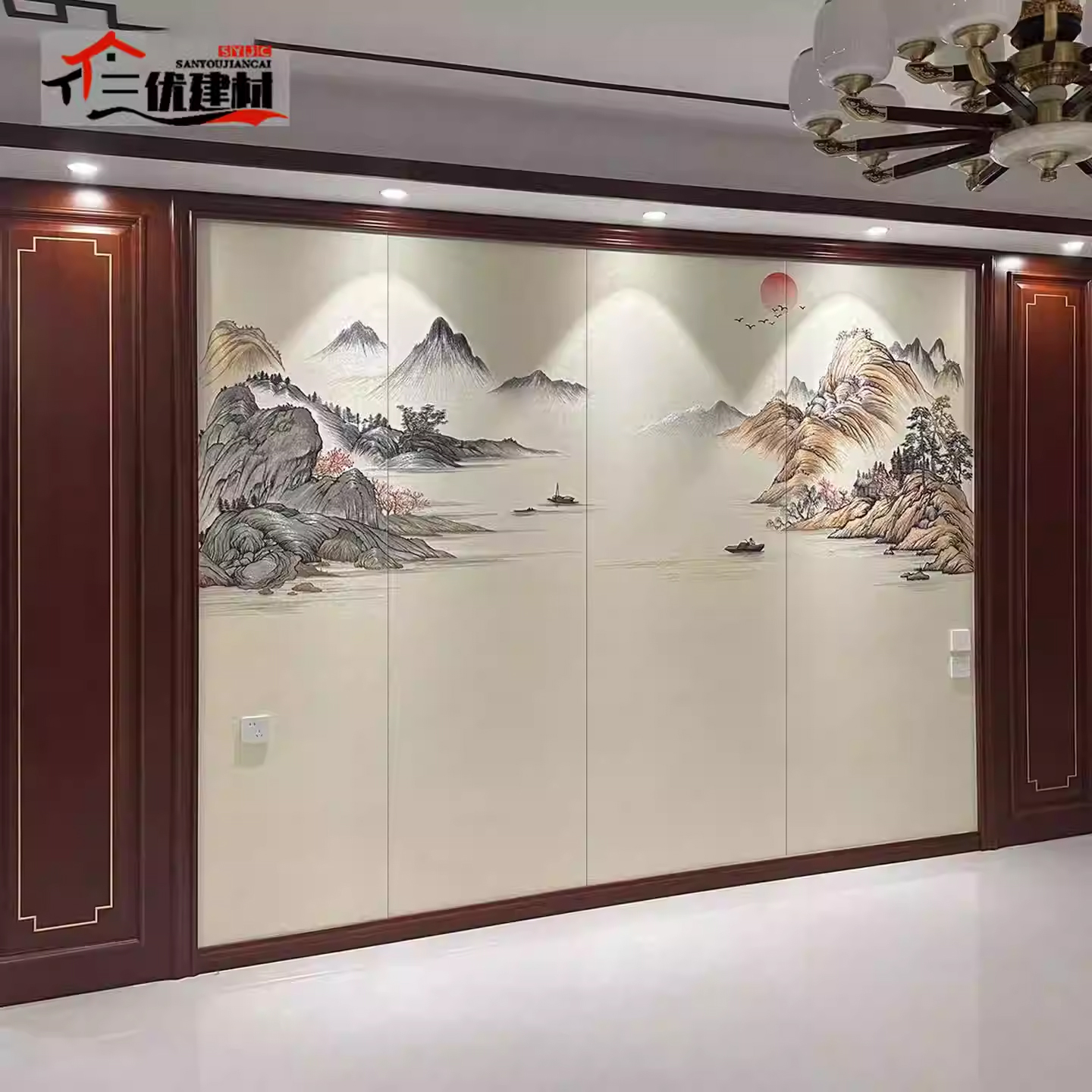 新中式刺绣山水硬包背景墙墙布