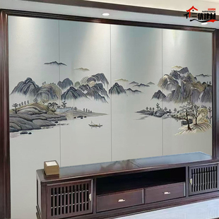 定制新中式刺绣沙发背景墙宋氏美学电视酒店宾馆床头硬包壁画