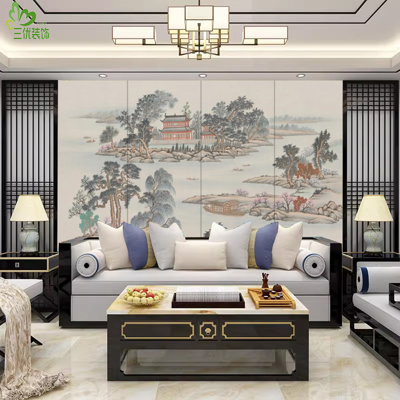 新中式客厅电视沙发卧室床头酒店展厅会所前台茶室书房硬包背景墙