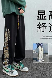WASSUPHAPPY刺绣加绒裤子男秋冬款阔腿休闲长裤宽松束脚国潮卫裤,女生二分裤搭配图片