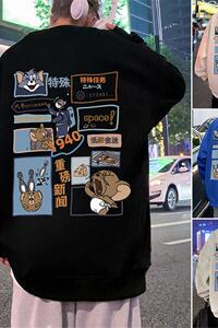 W391P35加绒45新品宽松套头圆领卫衣卡通印花无帽外套内搭休闲图片