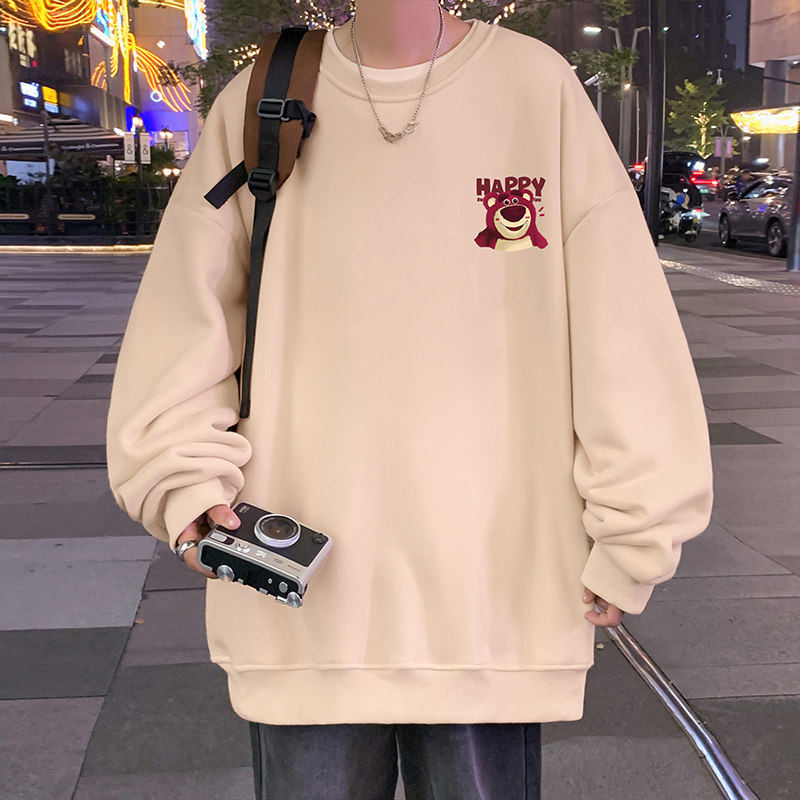 W550加绒AP45秋冬草莓熊加绒卫衣港风宽松圆领套头外套上衣服,男装卫衣,星座304A-1