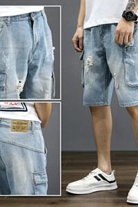 XZ304B-2-KZ706新品多口袋牛仔中裤工装短裤浅蓝色休闲裤图片