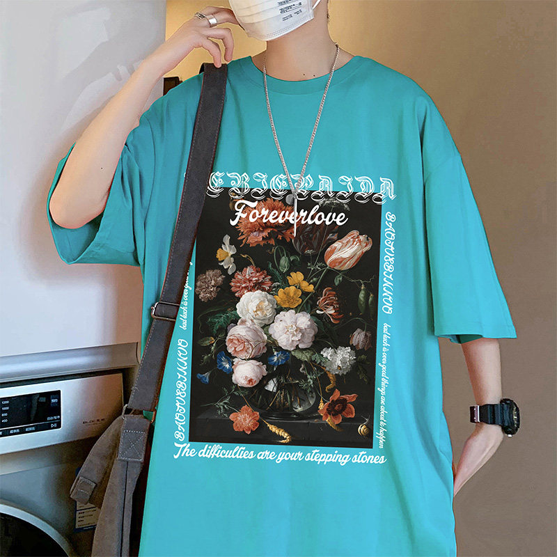 304A-T607P26短袖t恤男复古玫瑰印花圆领休闲纯棉体恤,男装T恤,星座304A