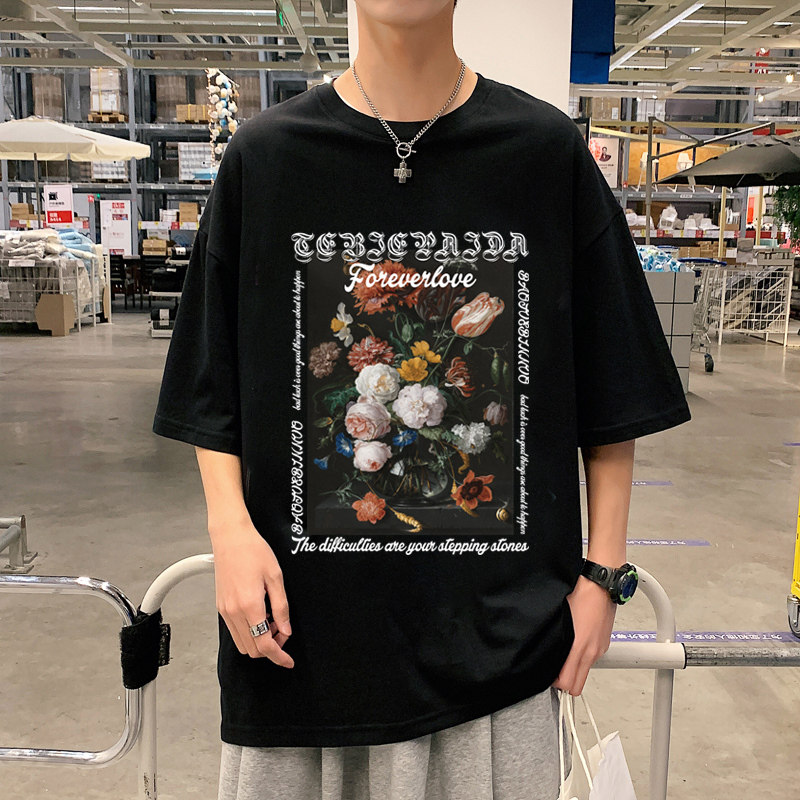 304A-1-ST607P26新品短袖T恤男玫瑰油画印花休闲体恤,男装T恤,星座304A-1