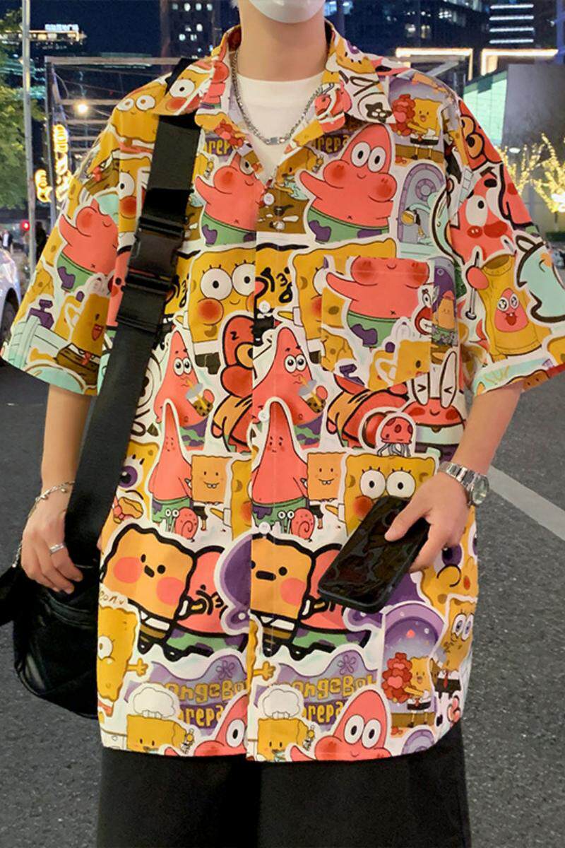 C001KP38夏季碎花短袖宽松衬衫男透气潮牌潮牌上衣oversize夏威夷,男装衬衫,星座304A-1
