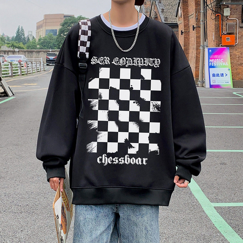 W372KP35加绒45冬款棋盘格卫衣男长袖t恤无帽打底衫宽松上衣,男装卫衣,星座304A-1