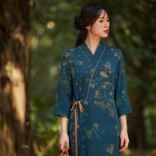 【华果定制】海棠翠鸟汉风真丝香云纱袍子古风汉服元素连衣裙春夏