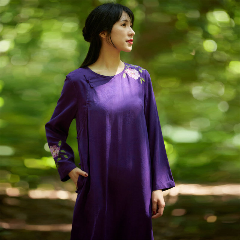 现货【华果】落生花提花真丝绢纺香云纱旗袍连衣裙贴布绣26春