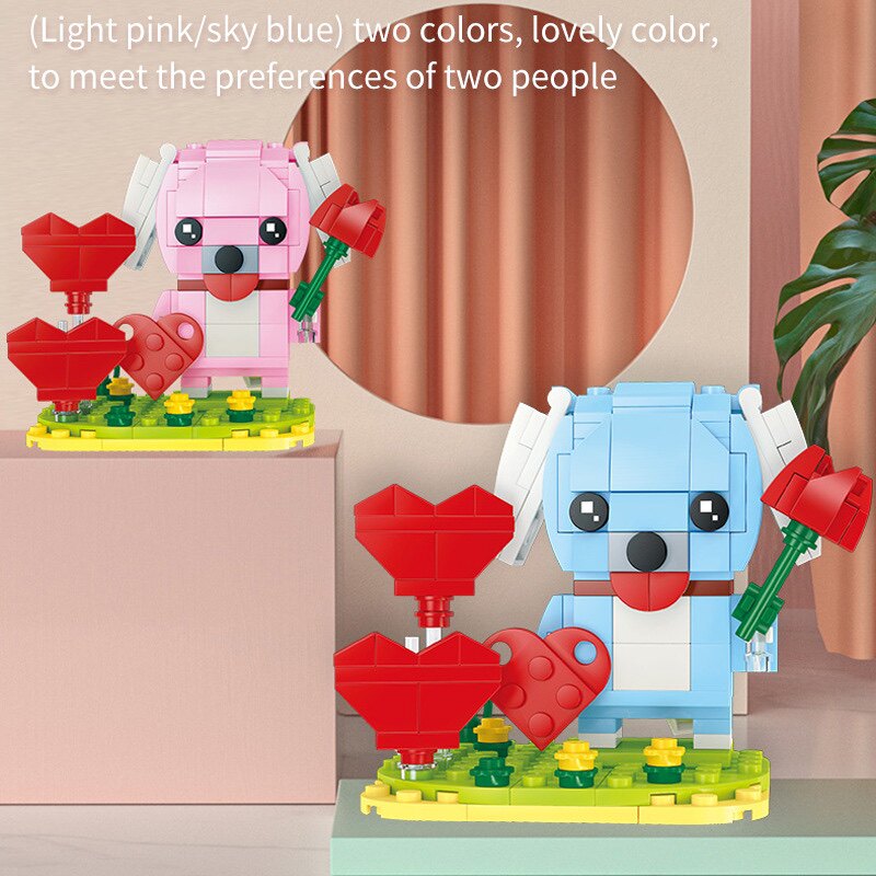 启智乐90016情人礼品表白爱心红蓝小狗模型拼装diy小颗粒积木玩具