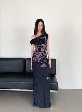 新中式轻国风印花修身网纱长款斜肩连衣裙夏季收腰显瘦包臀鱼尾裙