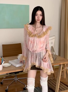 枫秋霞粉橙色印花雪纺蕾丝花边V领百搭喇叭水袖衬衣长袖衬衫上衣