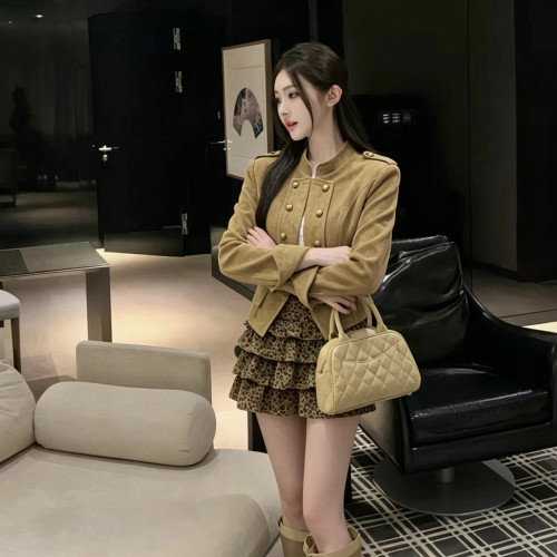 MEI ZI 美姿-妹气质麂皮绒短外套+豹纹半身裙套装(含安全裤)55088