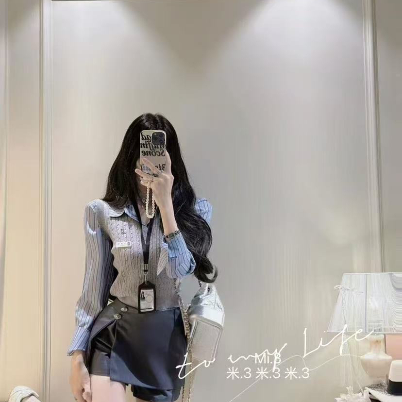 MI3学院风条纹衬衫叠穿刺绣针织马甲修身防走光裙裤套装93751
