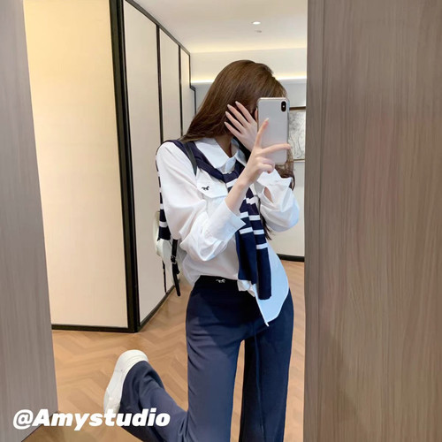 MEI ZI 美姿-少女宽松衬衫+微喇休闲长裤两件套套装(配披肩)55036