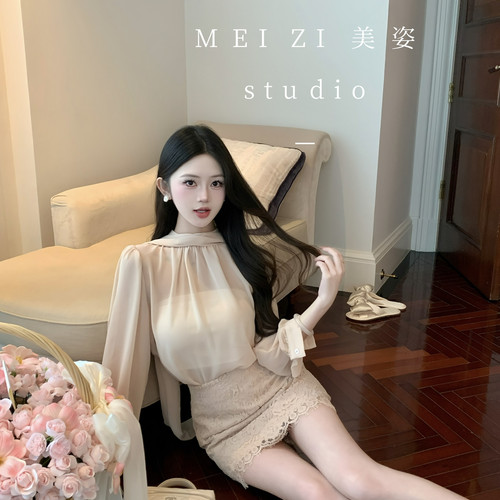 MEI ZI 美姿-长袖雪纺衫+抹胸上衣+高腰蕾丝半裙三件套套装55008