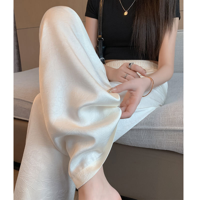 米白色阔腿裤女夏季薄款新中式缎面垂感高腰直筒裤冰丝防晒凉凉裤