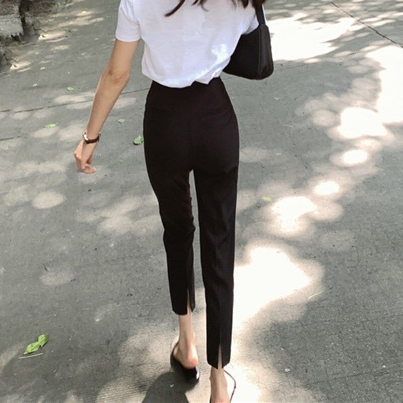 开叉西装裤女九分春夏高腰显瘦黑色小脚休闲裤烟管夏季薄款直筒裤