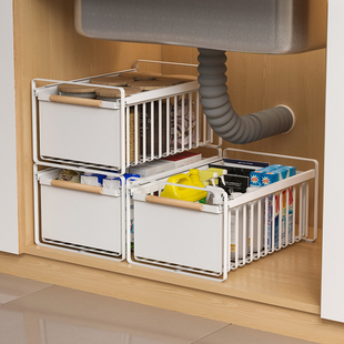 厨房橱柜滑轨拉篮抽屉筐浴室台下收纳盒抽拉式 卫生间下水槽置物架