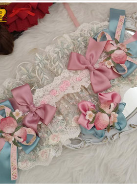 珥东手作Lolita梨园梦瓷青枝桃粉绿色发带lo娘小物边夹汉服配饰夹
