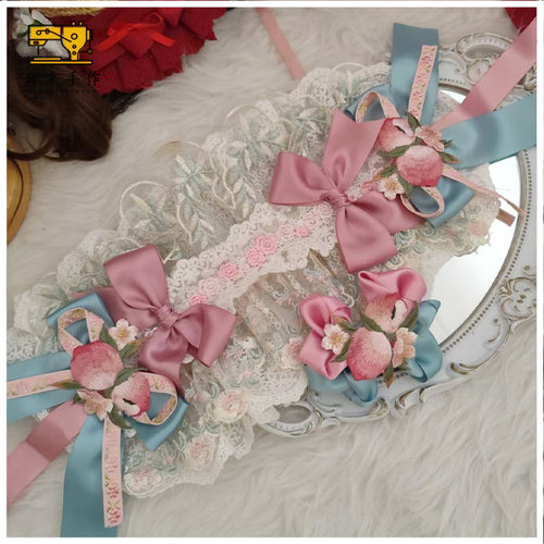 珥东手作Lolita梨园梦瓷青枝桃粉绿色发带lo娘小物边夹汉服配饰夹
