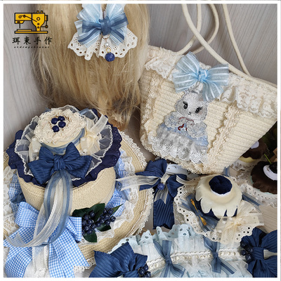 珥东手作Lolita仲夏物语班妮的蓝莓园手作绀蓝色草帽草编帽兔兔夹