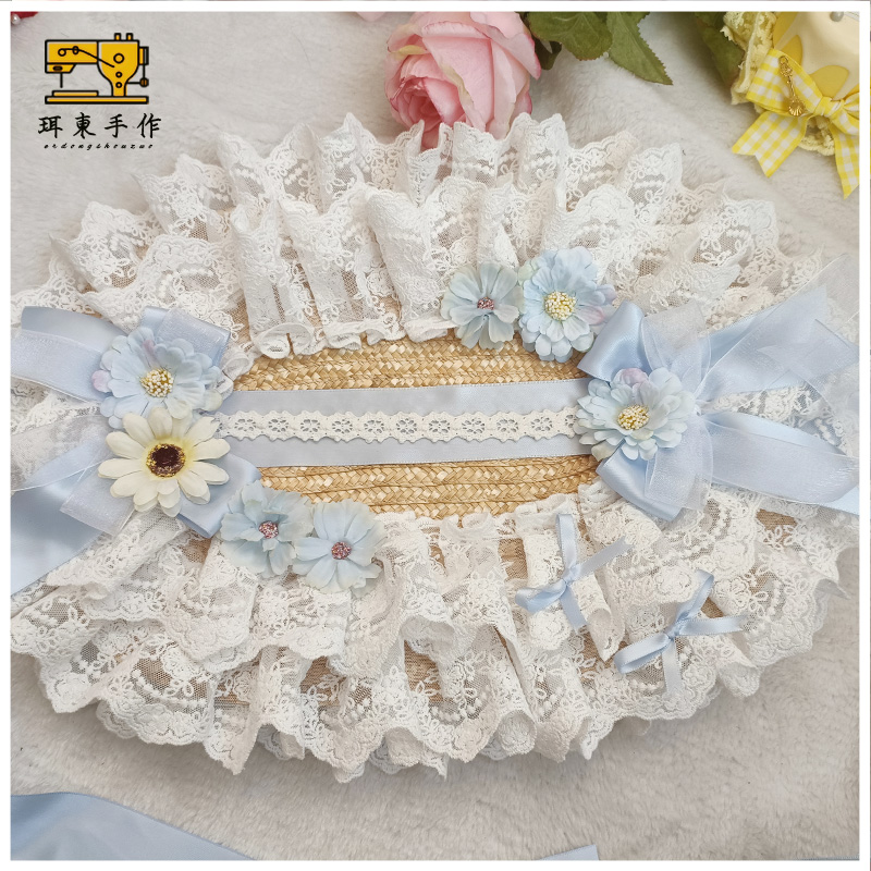 珥东手作汉洋折衷草编波奈特Lolita奶蓝色花朵bnt发饰汉服帽子lo