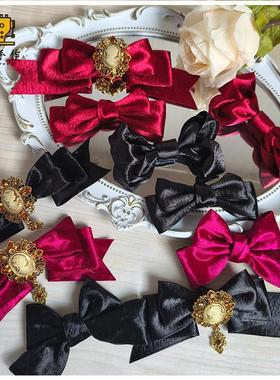 珥东手作Lolita蝴蝶结发饰古董人偶酒红色黑色丝绒缎面胸针小物lo