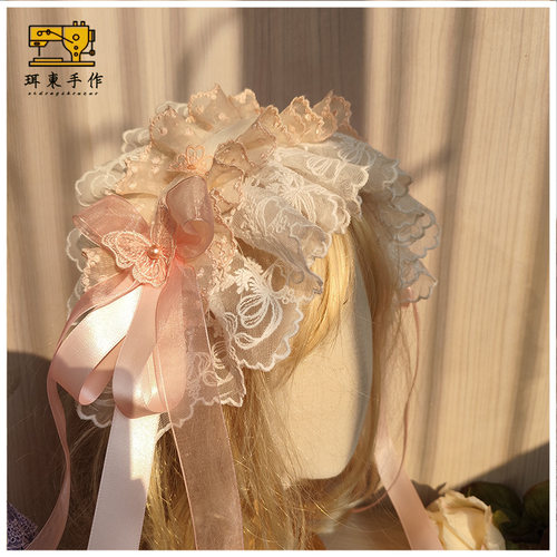 珥东手作Lolita樱花树下的告白蕾丝蝴蝶结发带doll感小物甜美粉白