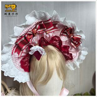 珥东手作Lolita粉色条纹草莓小物bnt发带波奈特发饰红色lo娘甜美