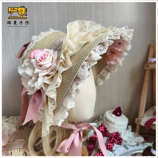 珥东手作Lolita汉洋折衷韩粉色草帽bnt波奈特帽子花朵lo娘优雅帽