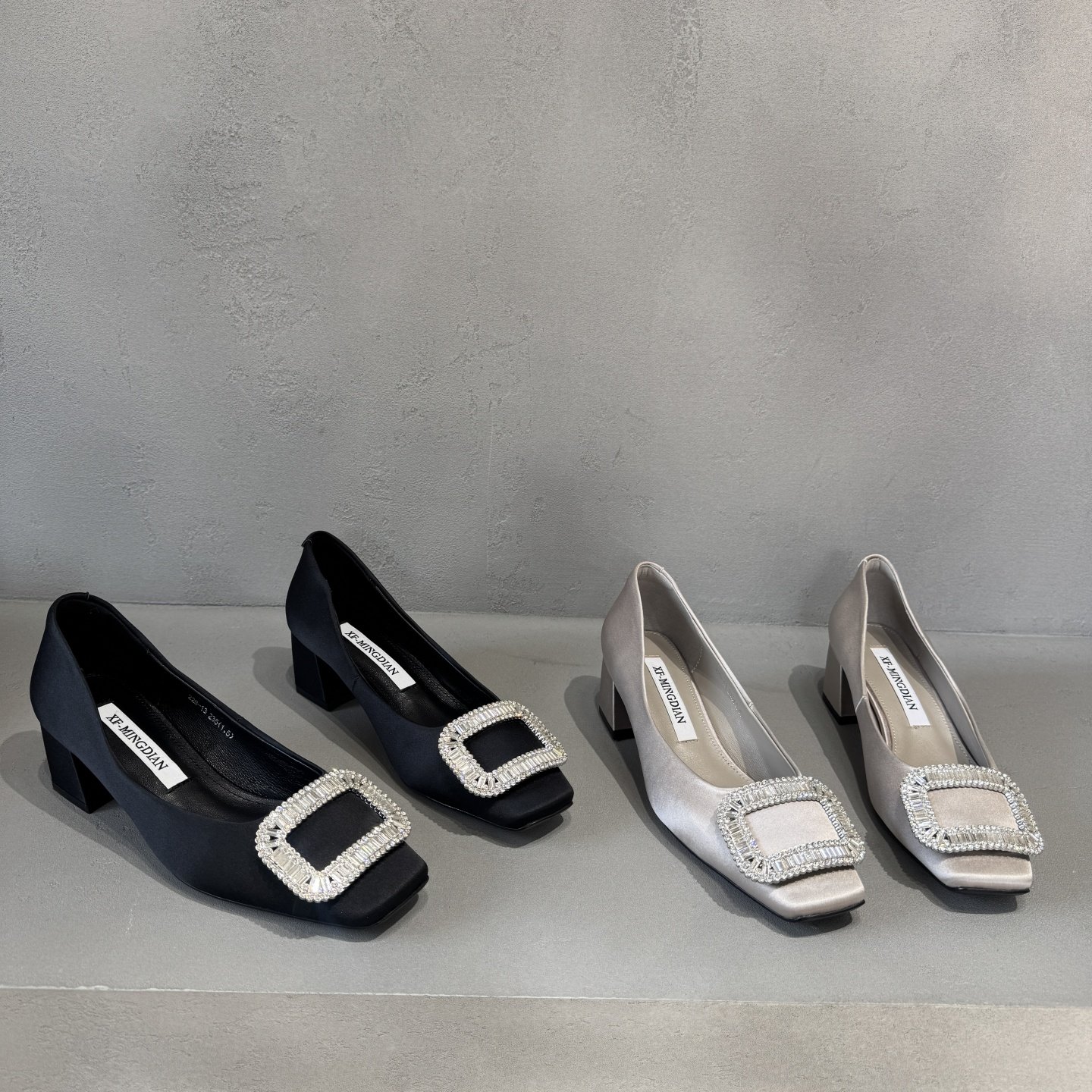 2026春季新款欧货欧洲站性感水钻方扣粗跟浅口女鞋布面方头高跟鞋,女鞋,浅口单鞋,淘宝优惠券,粉丝福利购,淘宝优惠卷