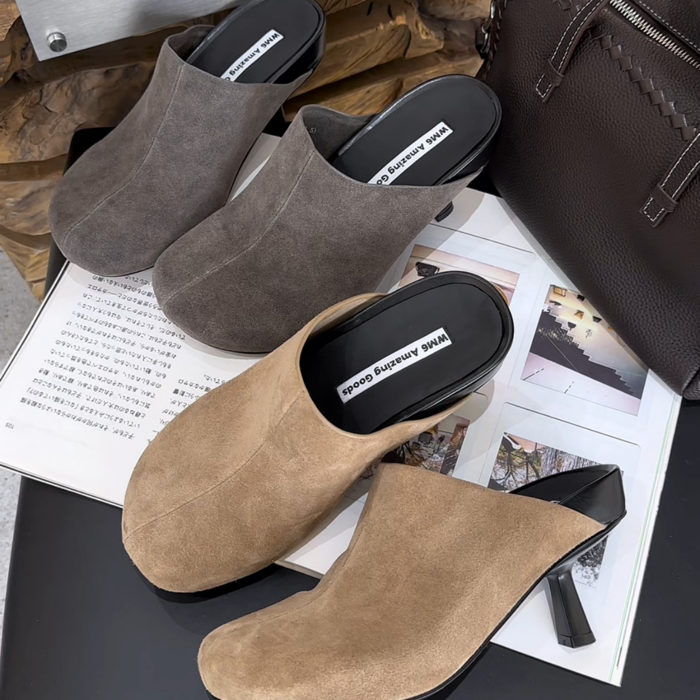 WM6欧货2026春季新款欧洲站细跟休闲半拖鞋磨砂皮高跟包头拖鞋女