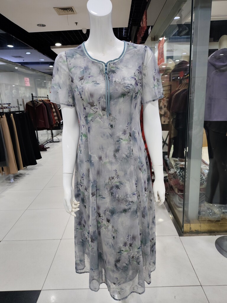 613台湾纱连衣裙洋气质妈妈装蕾丝系带显瘦纱裙圆领女夏短袖透气