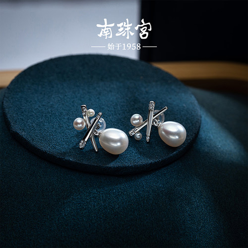 南珠宫耳环S925银淡水珍珠