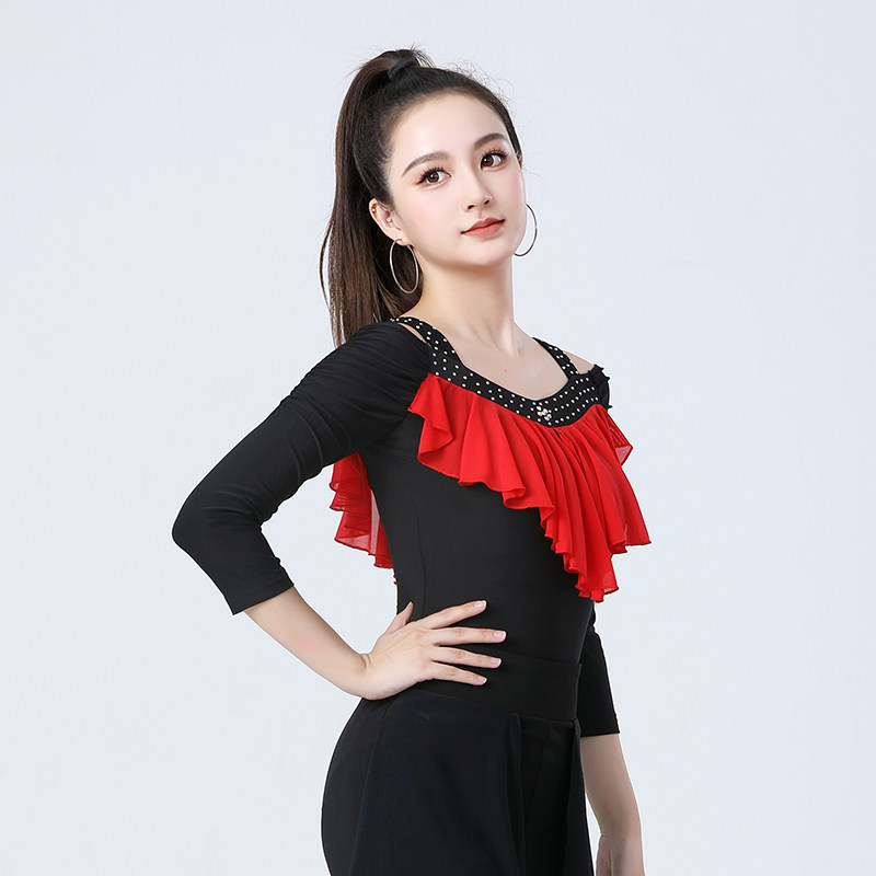 时尚拉丁舞服成人女跳舞练功服上衣新款吊带一字肩七分袖摩登舞服